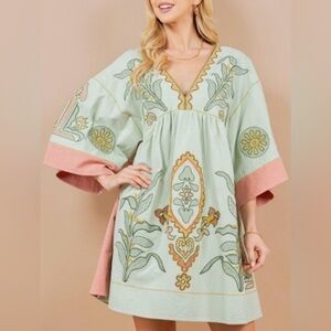 NEW Sunday Up Sage Green & Rust Embroidered Textured Fabric Dress. SZ Med